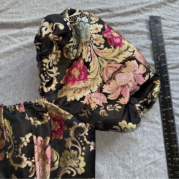 Sz Small Shein Jacquard Black Gold Pink & Blue Cropped Puffy Corset Style Top - Picture 4 of 7